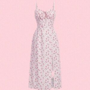 FREE SHIPPING! Ditsy Floral Print Split Thigh Retraction Long Summer Pink Dress